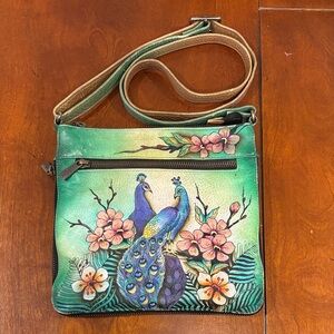 Anuschka Green Adjustable Crossbody Bag with Peacock and Floral Art